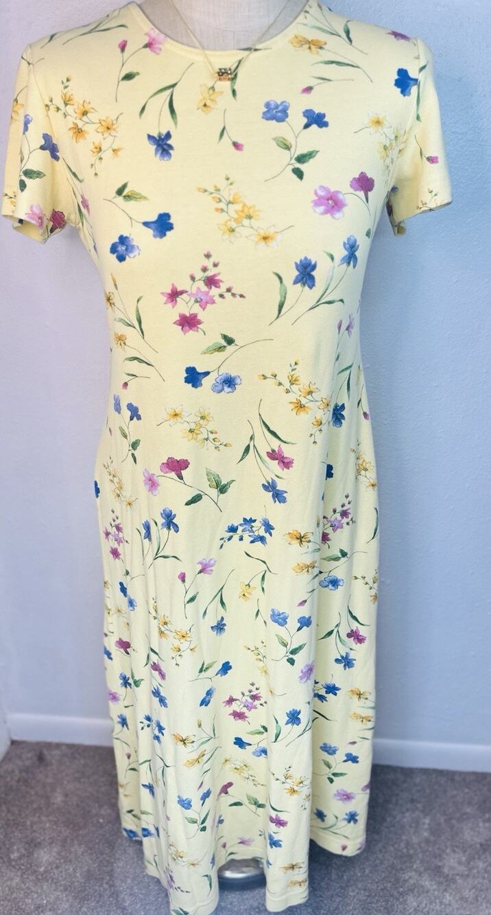Vtg Butter Yellow Floral Maxi Dress Medium Travel Euro Summer Coldwater Creek